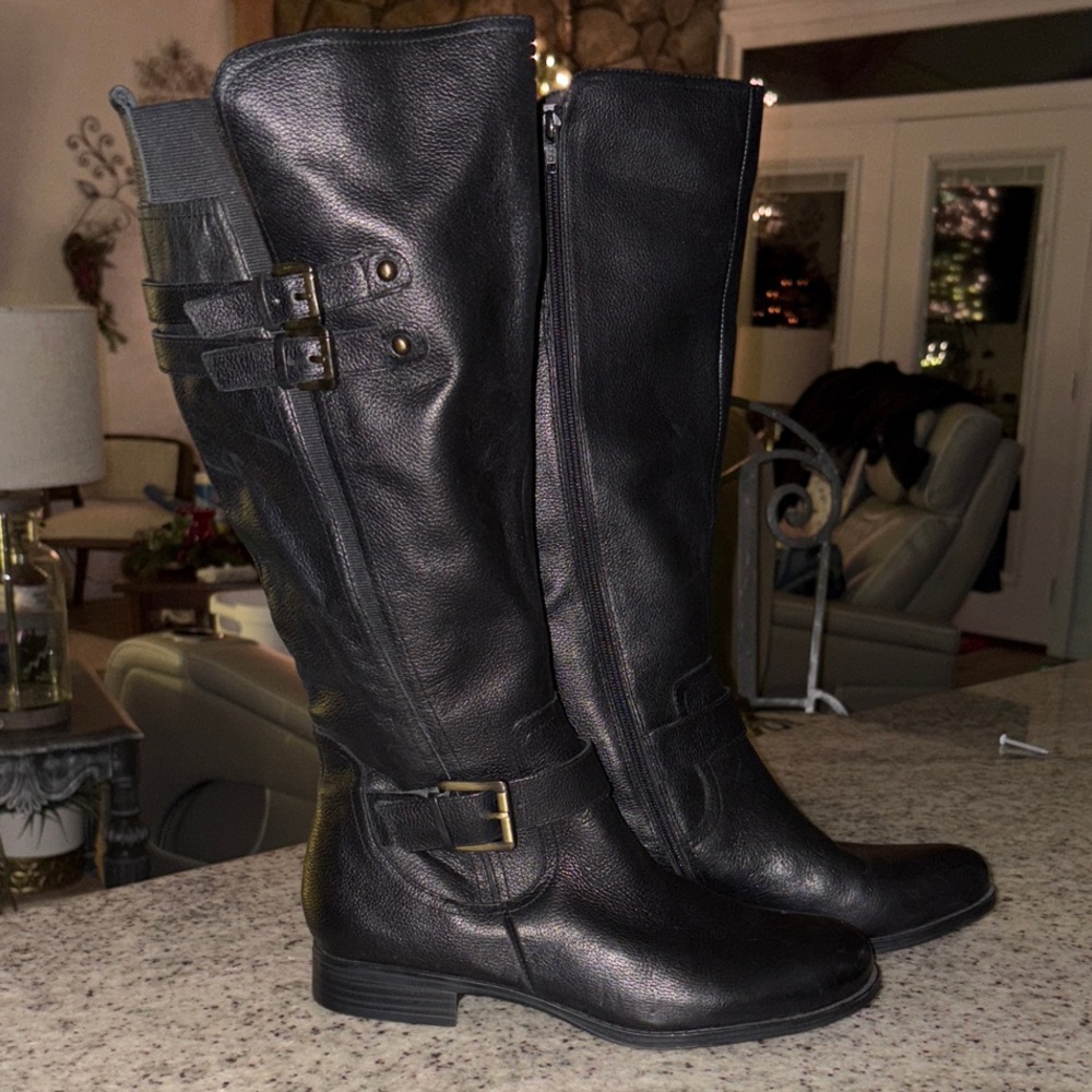 Naturalizer Black Leather Boots with Gold Buckles Sz 9 NEW